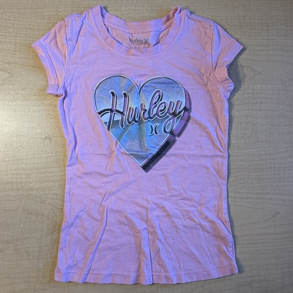 Hurley Girls Pink Glitter Heart Logo Graphic Tee Size L (10-12)